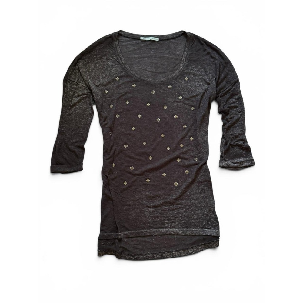 Maurices Charcoal Gray Burnout Cross Stud Scoop Neck 3/4 Sleeve Top Large